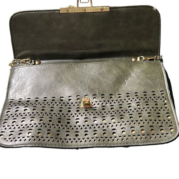 Women's olive green Faux Leather Cutout Chain Strap Convertible Clutch Sling Bag - Picture 4 of 10